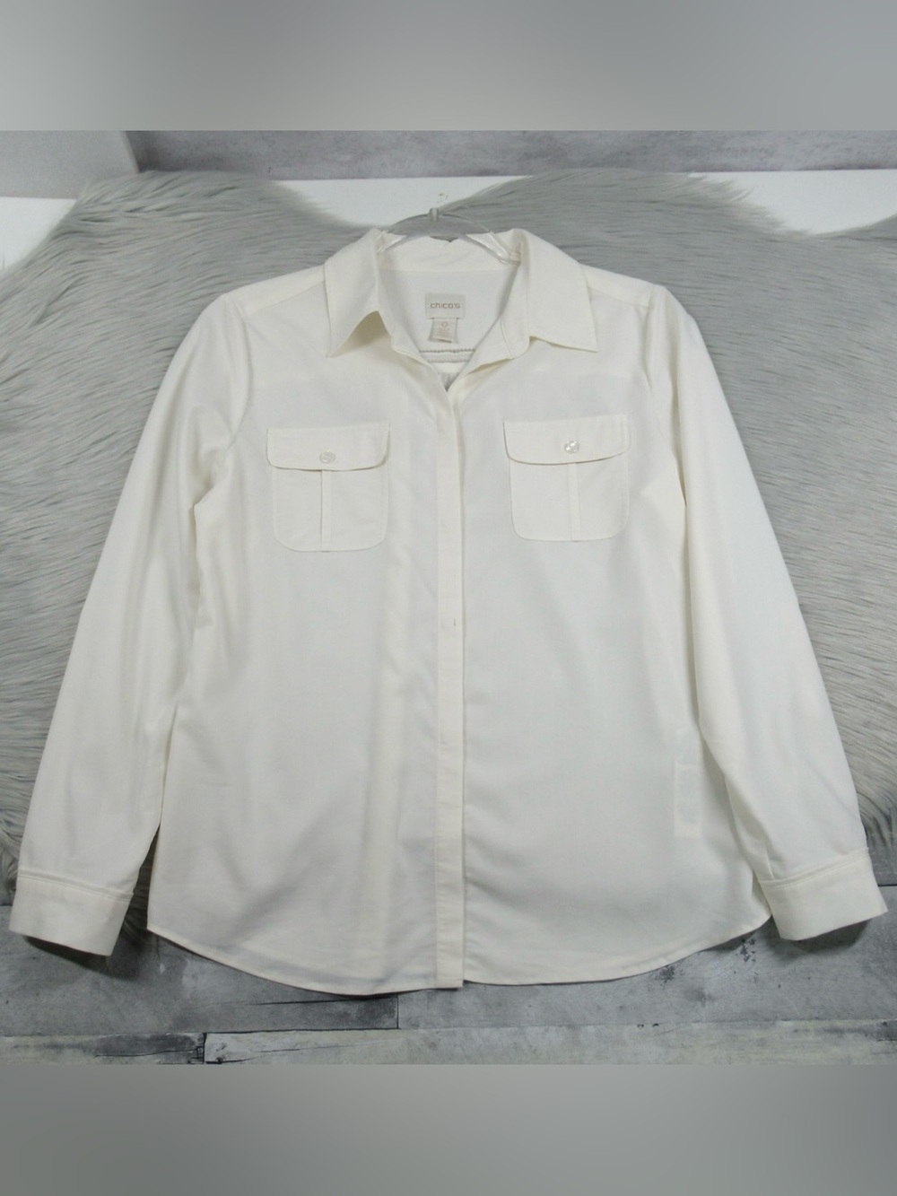Chico's Off-White Button Down Shirt Roll Tab Sleeve Utility Blouse - Small/4